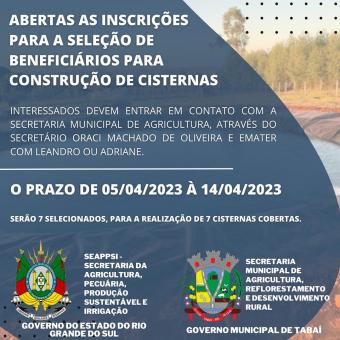 ABERTAS AS INSCRIÇÕES PARA A SELEÇÃO DE BENEFICIÁRIOS PARA A CONSTRUÇÃO DE CISTERNAS